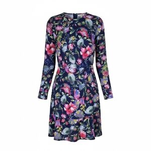 J Crew Dress Size 6 Floral Long Sleeve Flounce Hem Fitted Waist Back Zip Lined